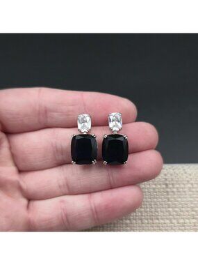 Sterling Silver Blue & White Cubic Zirconia Stacked Cushion Earrings A7444